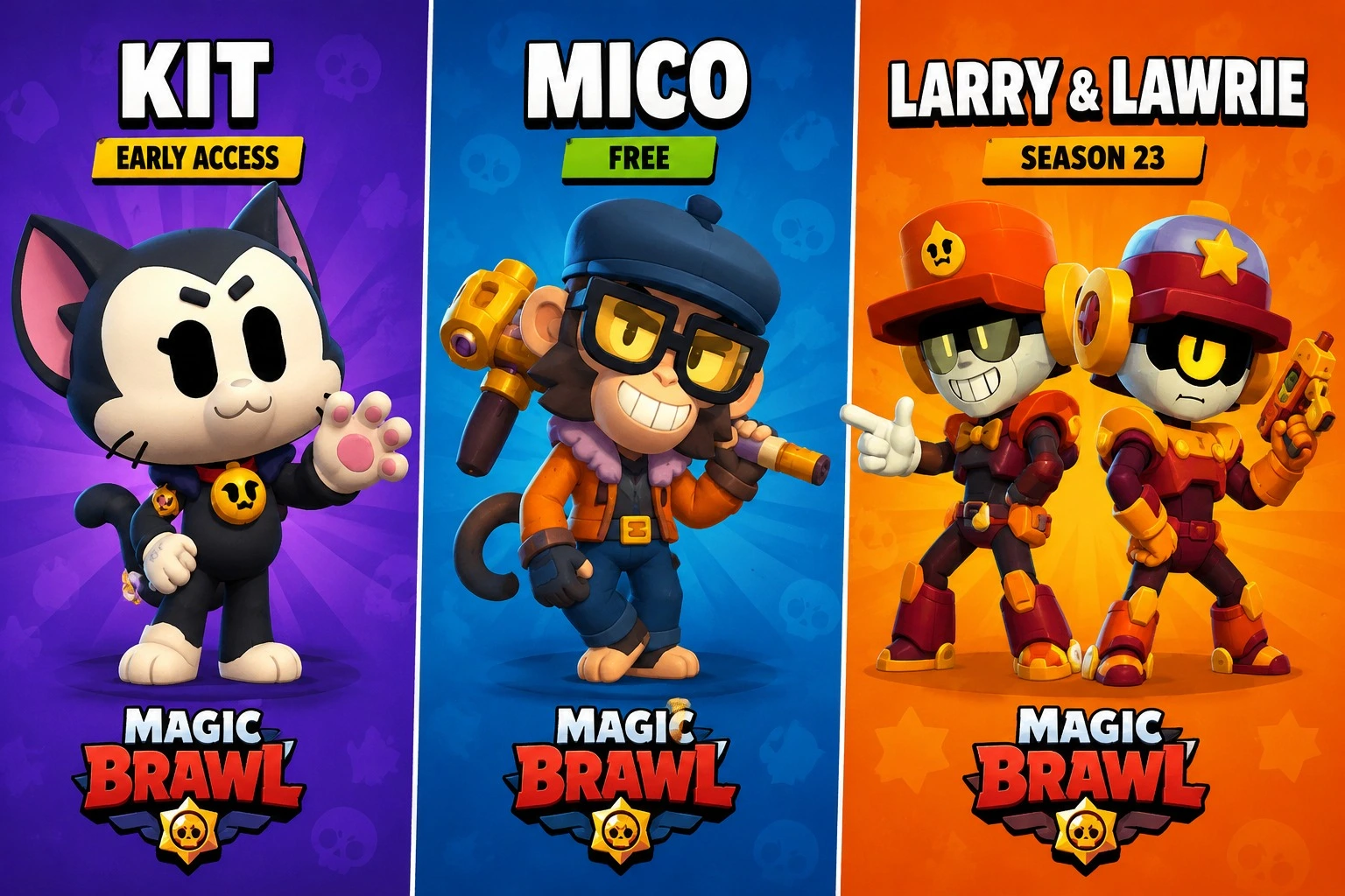 Баннер обновления Magic Brawl v53.176 сезона Starr Toon Studios с бойцами Кит Мико Ларри и Лоури